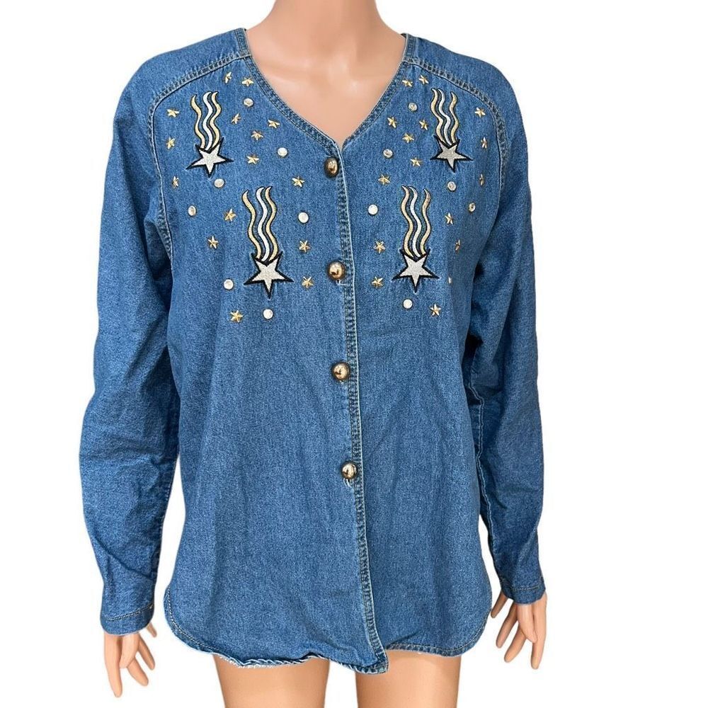 Bingo Bingo vintage Womens Cotton Embellished Denim/Jean Shirt Top size 14P